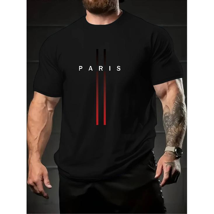 Men  S Trendy Creative Paris Print Comfortable, Soft -Sleeve T-Shirt with Trendy Paris Design in Black and Red Color Scheme - a Must-Have for Stylish S