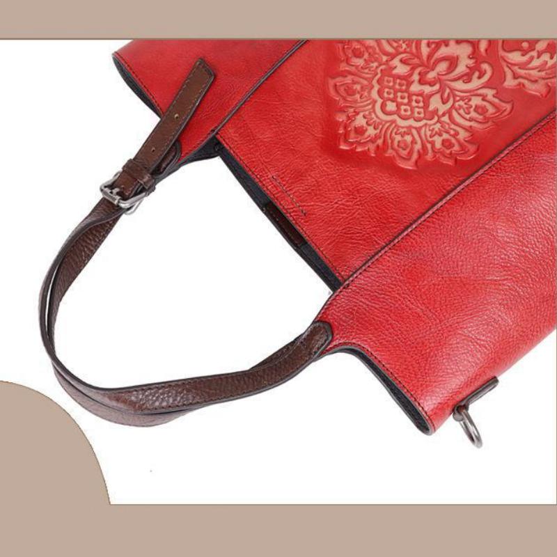 Johnature Retro Luksus Håndvesker Kvinner Bøtteveske Vintage Stor Kapasitet Floral Kuskinn Håndlagde Pregede skuldervesker