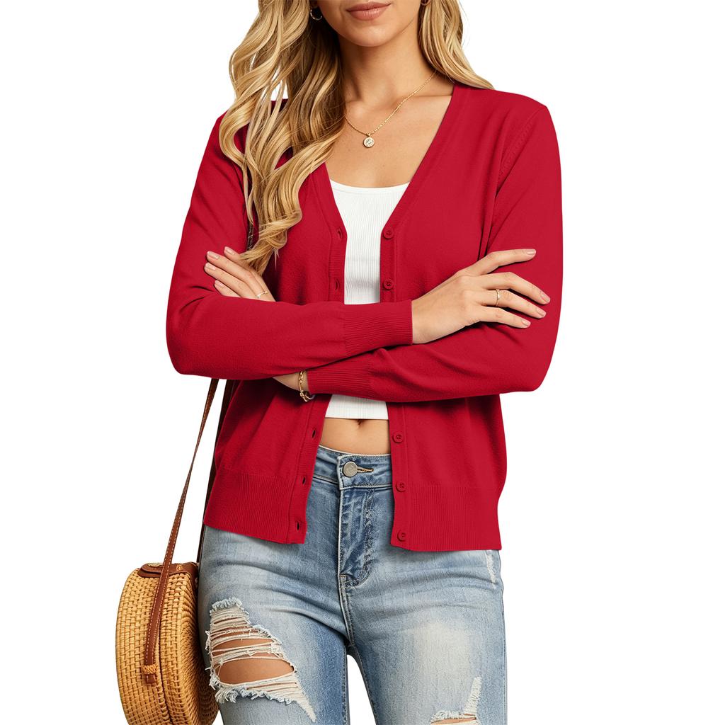 Womens Lightweight Knit Cardigan Long Sleeve V Neck Button Front Sweater Open Front Layering Top