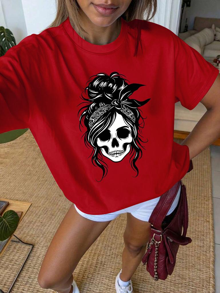 Plus Size Women's Casual T-Shirt - Black Geometric Skull & Floral Print, Round Neck Short Sleeve Top for Spring/Summer
