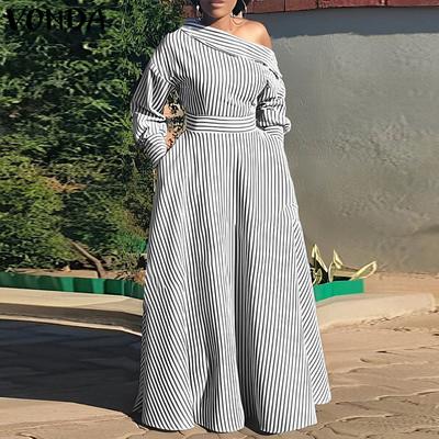 VODNA Damen-Sommerkleid in Übergröße, One-Shoulder-Langarm, Seitentasche, gestreift, langes Kleid