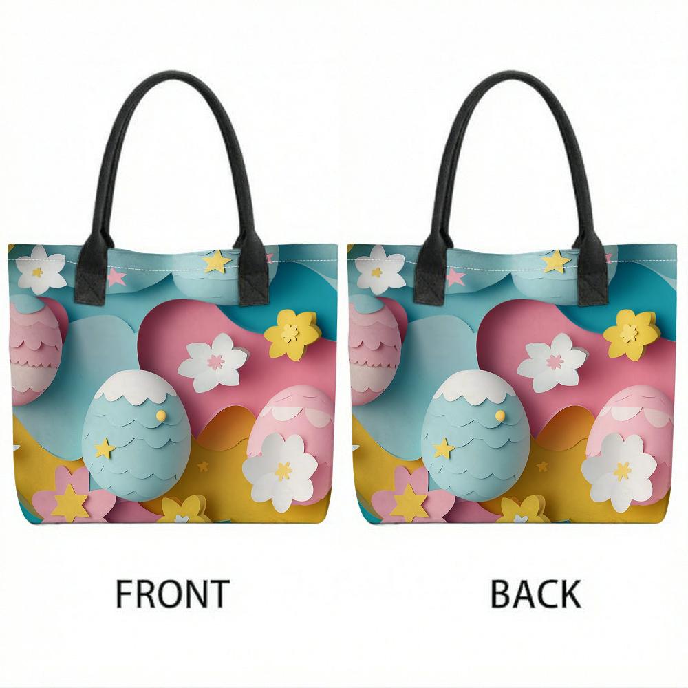 Cute Easter Egg Printed Tote Bag Casual Reusable Shopping Handbag for Daily Use