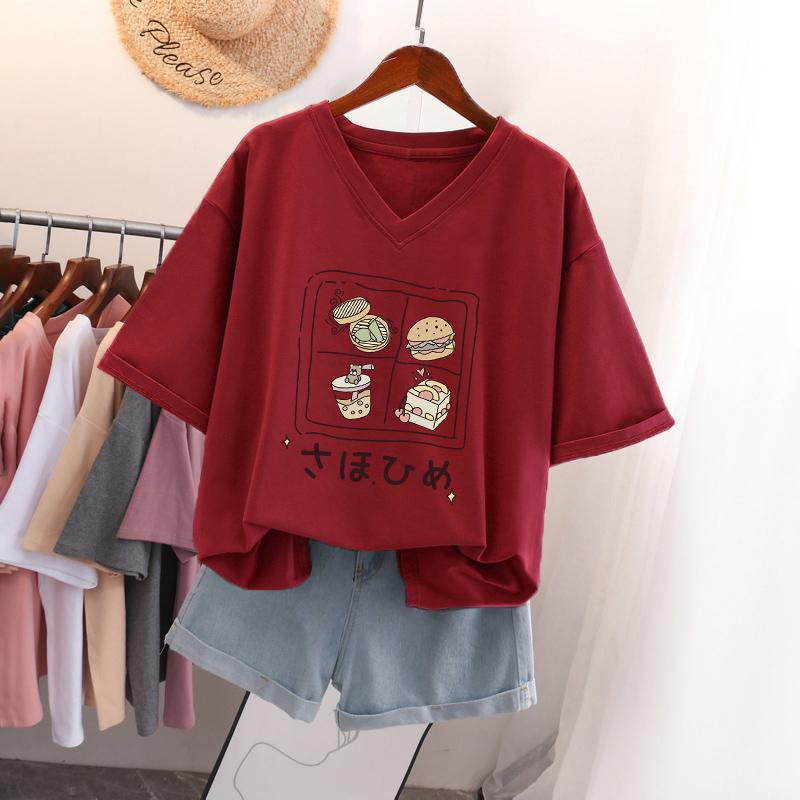 Short-sleeved T-shirt for Women, Large Size, Loose and Slimming, Printed V-neck Top