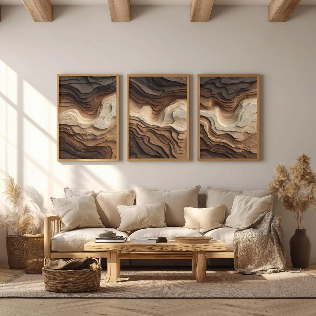 3Pcs Layered Mountain Wall Art, Japandi Wabi Sabi Textured Abstract Prints for Minimalist Living Room Home Interior Decor