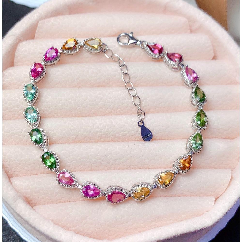 Fashion Women Bracelet Rainbow Candy Colored Tourmaline S925 Silver 18K Gold Plated Gemstone Jewelry
