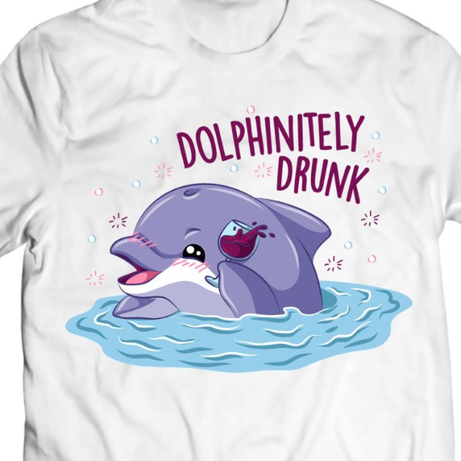 Funny Dolphin Wine T-Shirt, Dolphinitely Drunk Pun Tee 2XL