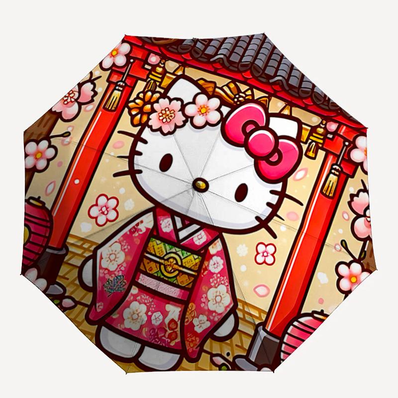 1pc Hello Kitty Cherry Blossom Kimono with Automatic Opening/Closing Umbrella, Portable Tri-Fold Design, 8-Bone Iron Frame, Outdoor Umbrella, Festival