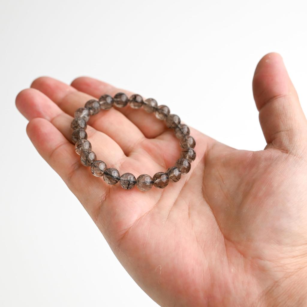 Black Smoky Rutilated Quartz Bracelet Tourmaline in 16cm Wrist Limited Natural Power Prayer Good Luck Feng Shui [Eigado] (Black Quartz) 8.5mm Stone,