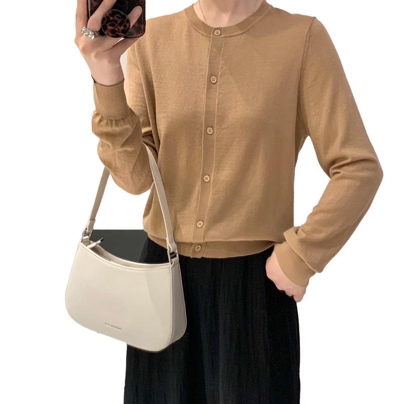 Lekasha Women's Loose Fit Wool Cardigan - Round Neck Long Sleeve Knitwear Pullover