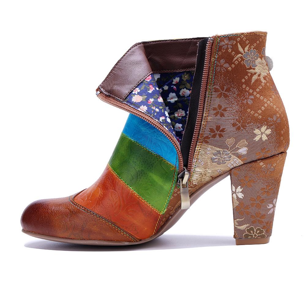 Johnature Genuine Leather Printed Short Boots Fashion Mixed Colors Flower Side Zipper Women's High Heels