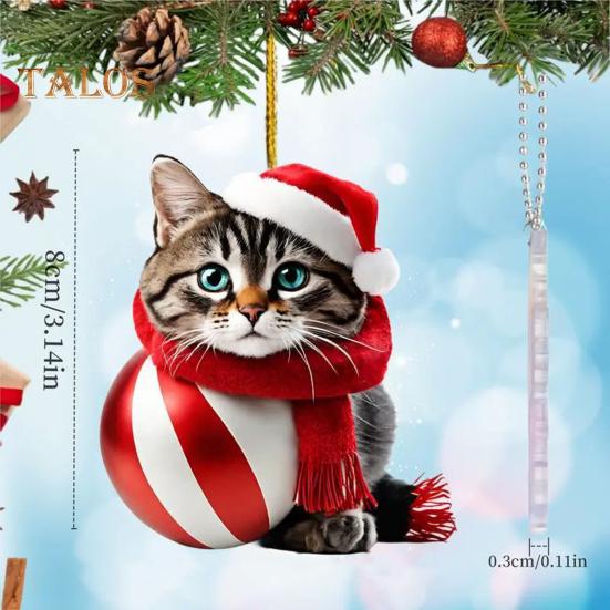 Swinging Cat Car Mirror Hanging Ornament Wearing Christmas Hat Car Pendant Decoration Acrylic Versatile Car Interior Accessories