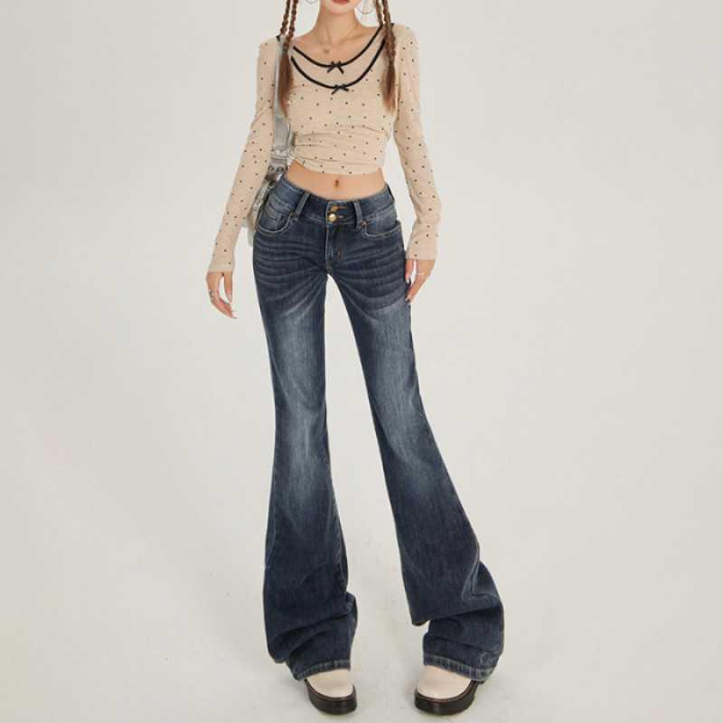

American Retro Low-Waist Double-Button Bell Bottom Jeans - Slimming Elastic Denim Pants for Women S