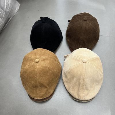 New British Retro Duck Tongue Beret Women's Versatile Face Small Octagonal Hat Men's Corduroy Newsboy Hat Painter Hat