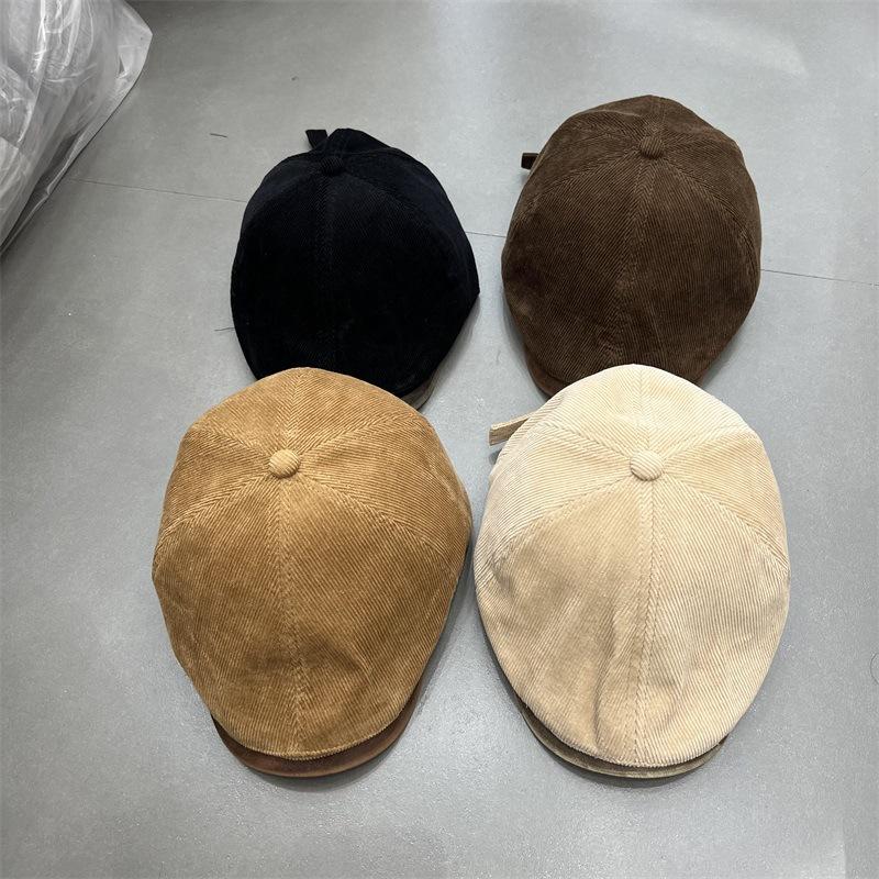 

New British retro duck tongue beret women s versatile face small octagonal hat men s corduroy newsboy hat painter hat M（56-58cm） темно-коричневого кольору
