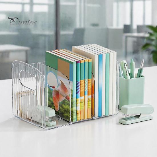 Clear Stationery Organizer Magazine Holder, 3/4-Compartment Desk Organizer, Vertical Bookend File Acrylic Bookends for Shelves Sorter Holder