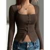 Women European Style Solid Color Square Neck Long Sleeve Slim Knit Bottoming Top
