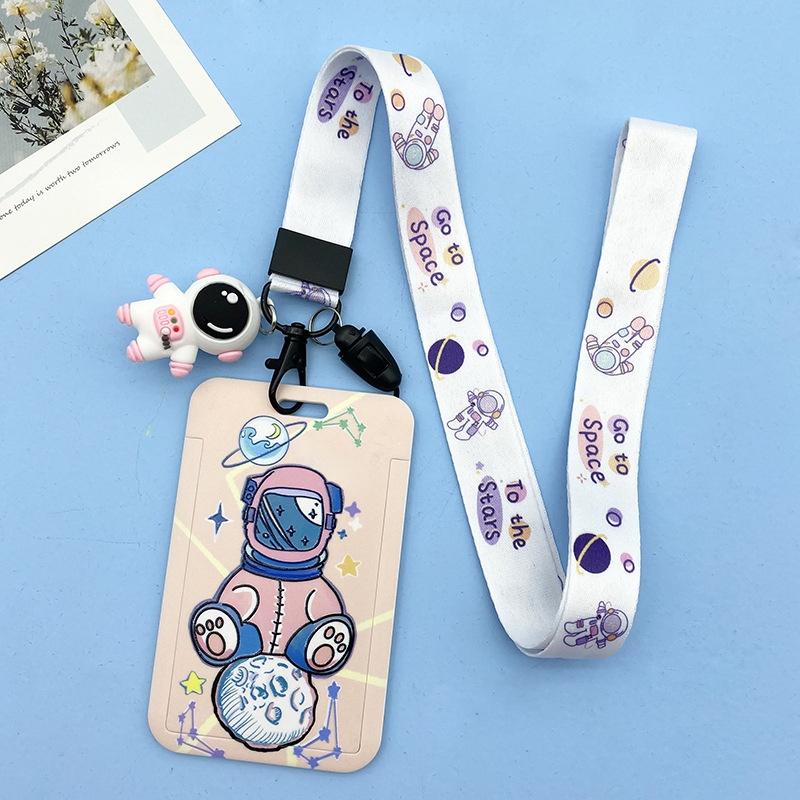 Women Men Work Card Cover White Astronaut Pattern Business Name Card Badge Holder Bus Access Guard Credit Card Case with Lanyard
