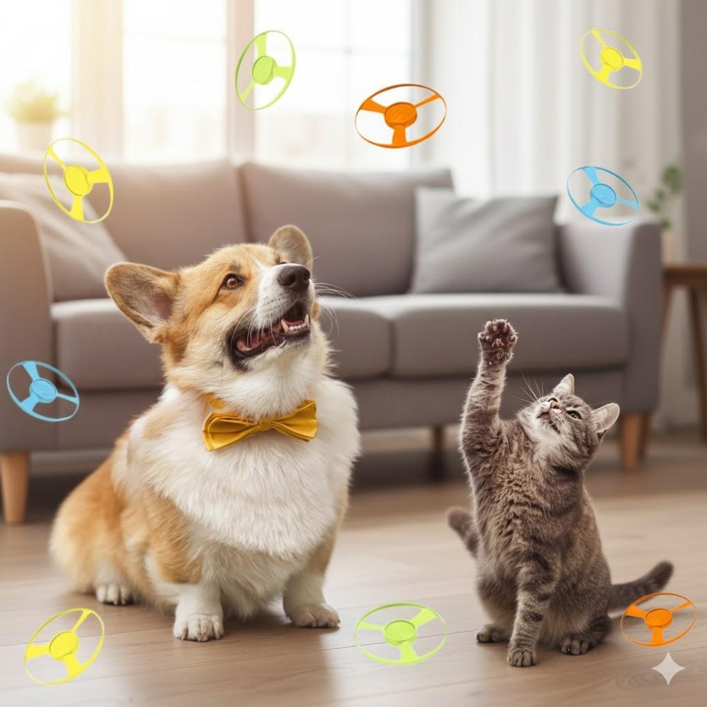 14 Piece Cat Chase Training Interactive Toy Set  Including Colored Flying Propellers Frisbee Colors Are Random
