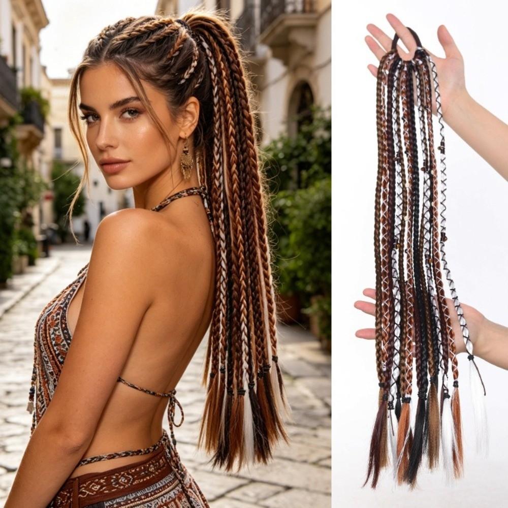 Beaded Accents Braided Ponytail Extension Hand Woven Boho Braid Dreadlock Hairpiece Daily Styling