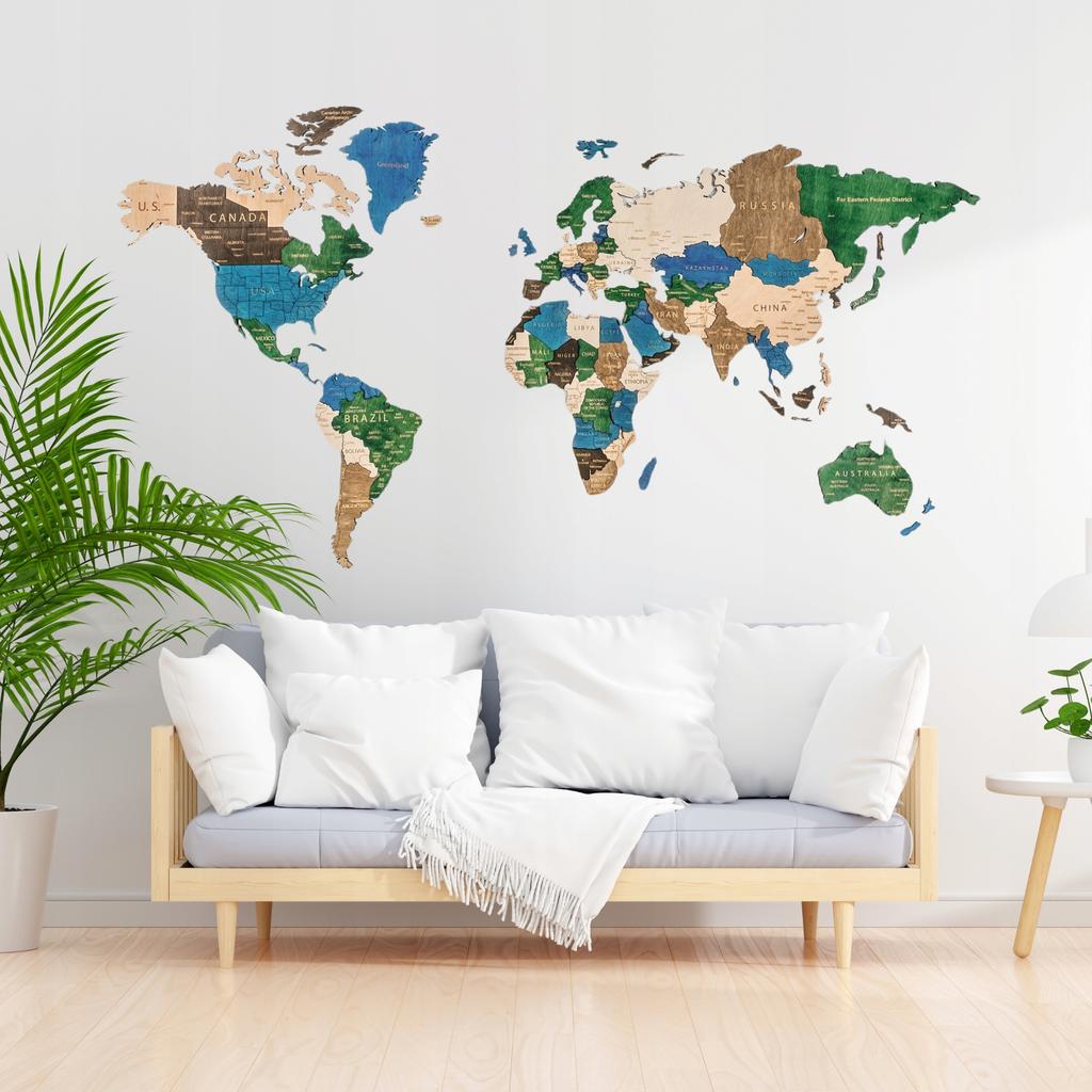 3D Wooden World Map Multicolor 105cm with Cities Wall Decoration