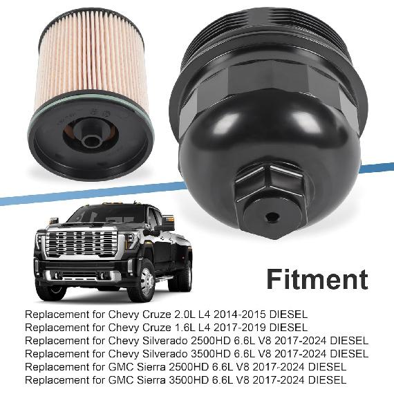 Fuel Filter Housing Cap 134001 with Fuel Filter TP1015 Replacement for Chevy Cruze Silverado 2500HD 3500HD Replacement for GMC Sierra 2500HD 3500HD
