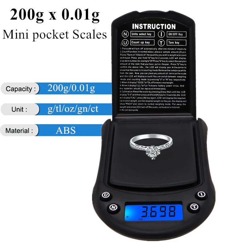200g 0.01g Mini Pocket Scale Digital Scale Electronic Weighing Scale Diamond Gold Jewelry Weight Kitchen Scale g/tl/ct/oz Unit