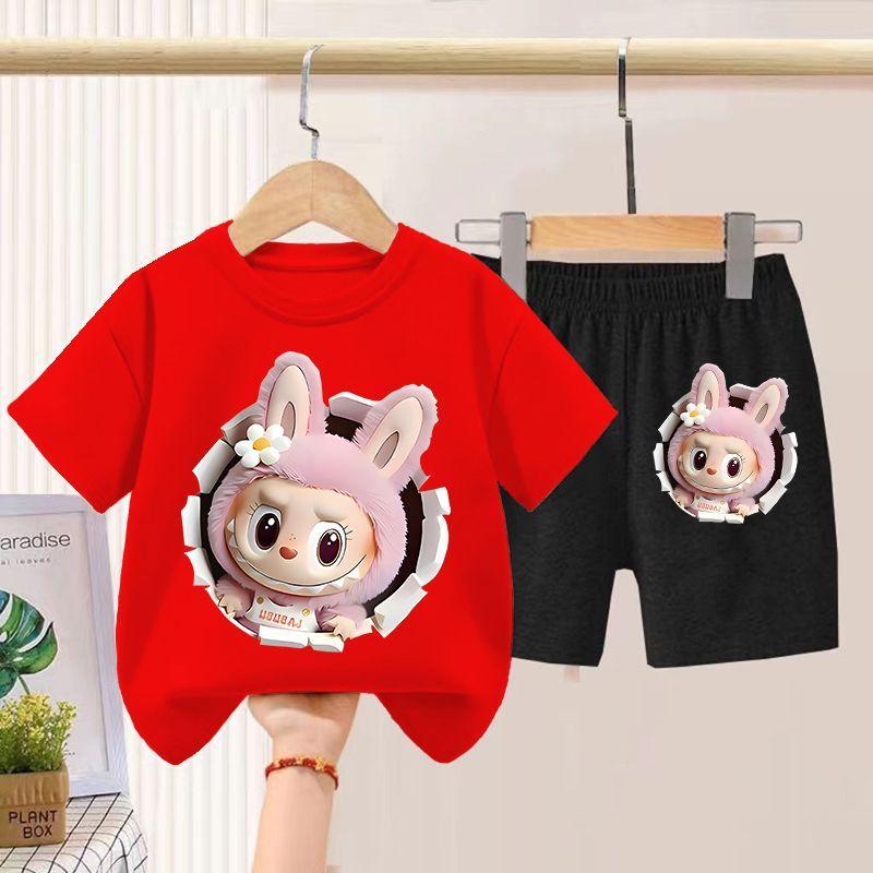 Children's LBB Short-sleeved Two-piece Set, Summer Boys' and Girls' Thin Pure Cotton T-shirt and Shorts Set
