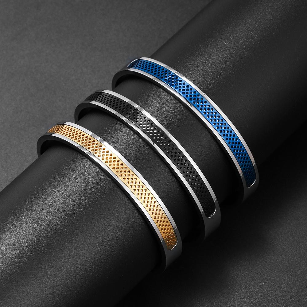 Punk Style Hollowed Out Mesh Stainless Steel Open Bracelet for Men's Retro Stainless Steel Bracelet Bracelet