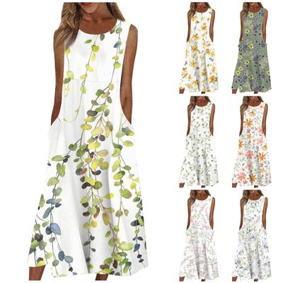 Women's Casual Printed Dresses Round Neck Basic Classic Outdoor Daily Sleeveless Loose Dresses