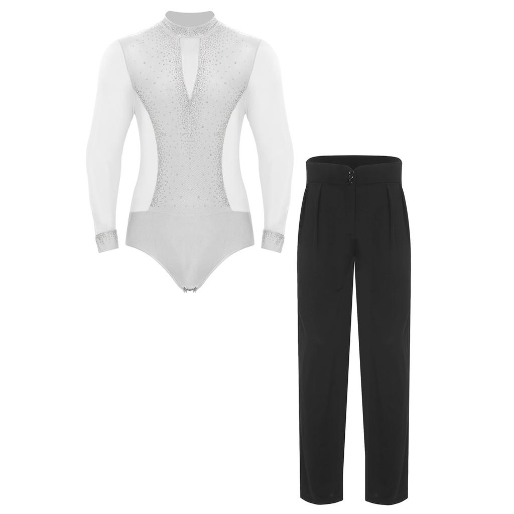 Mens Latin Dance Costume Mock Neck Long Sleeve Shiny Rhinestones Mesh Leotard Bodysuit High Waist Pants Chacha Set
