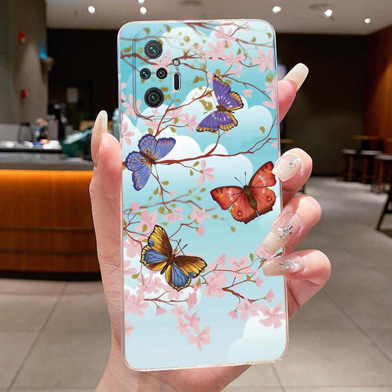 For Xiaomi Redmi Note 10 Pro / Note10 / Note 10S / Poco M5S Case Clear Luxury Butterfly Flower Transparent Soft TPU Phone Cover