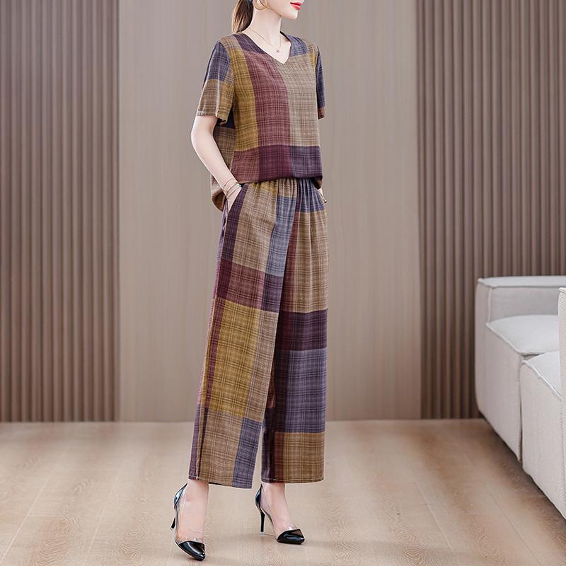 Eleganta 2-delade Set för Kvinnor Plus Size Löst Vintage Tryck Hög Midja Byxset Sommar Casual Kläder för Medelålders Kvinnor