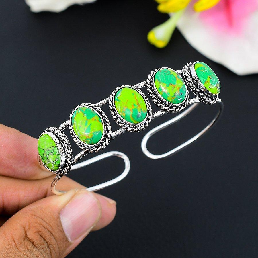 

Copper Green Turquoise Gemstone 925 Sterling Silver Cuff Bangle Adjustable KG-260