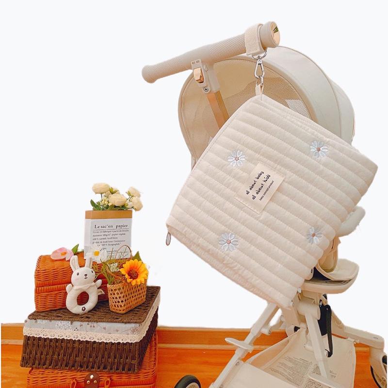 Portable Travel Embroidered Cotton Diaper Bag with Zipper New Mother Trolley Hanging Bag Baby Trolley Hanging Diaper Bag