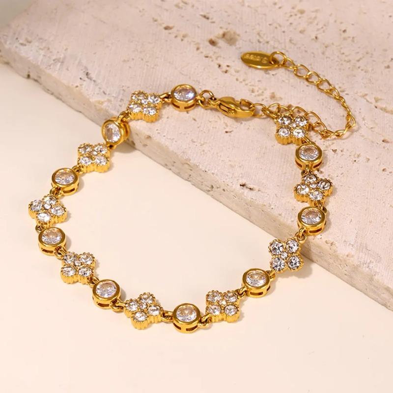 Luxury Flower Zircon Gold Plated Tennis Bracelet For Women Stainless Steel Bangle Vintage Daily Charm Jewelry Gift