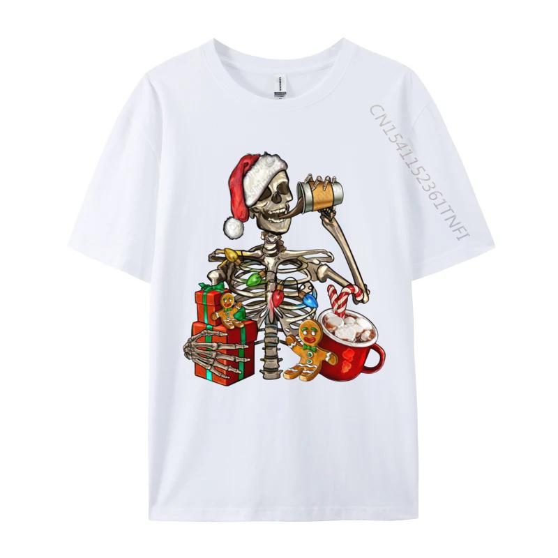 Christmas Skeleton With Smiling Skull Drinking Coffee Latte T Shirts Graphic Tshirt Hip Hop T Shirt Homme Cotton Oversized