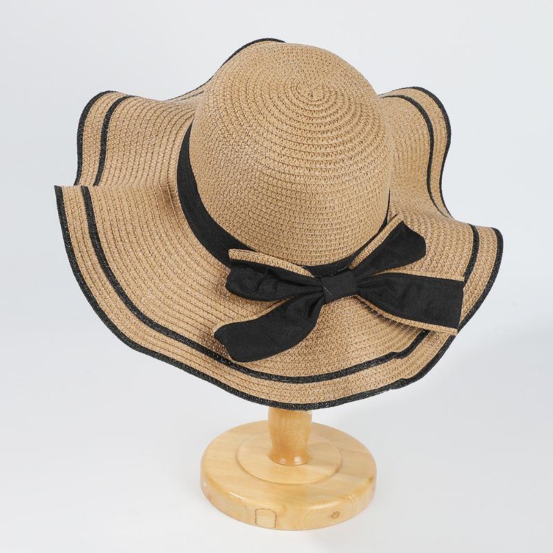 Summer bow straw hat beach hat big eaves streamer vacation play outdoor breathable sunshade wavy edge sun protection hat