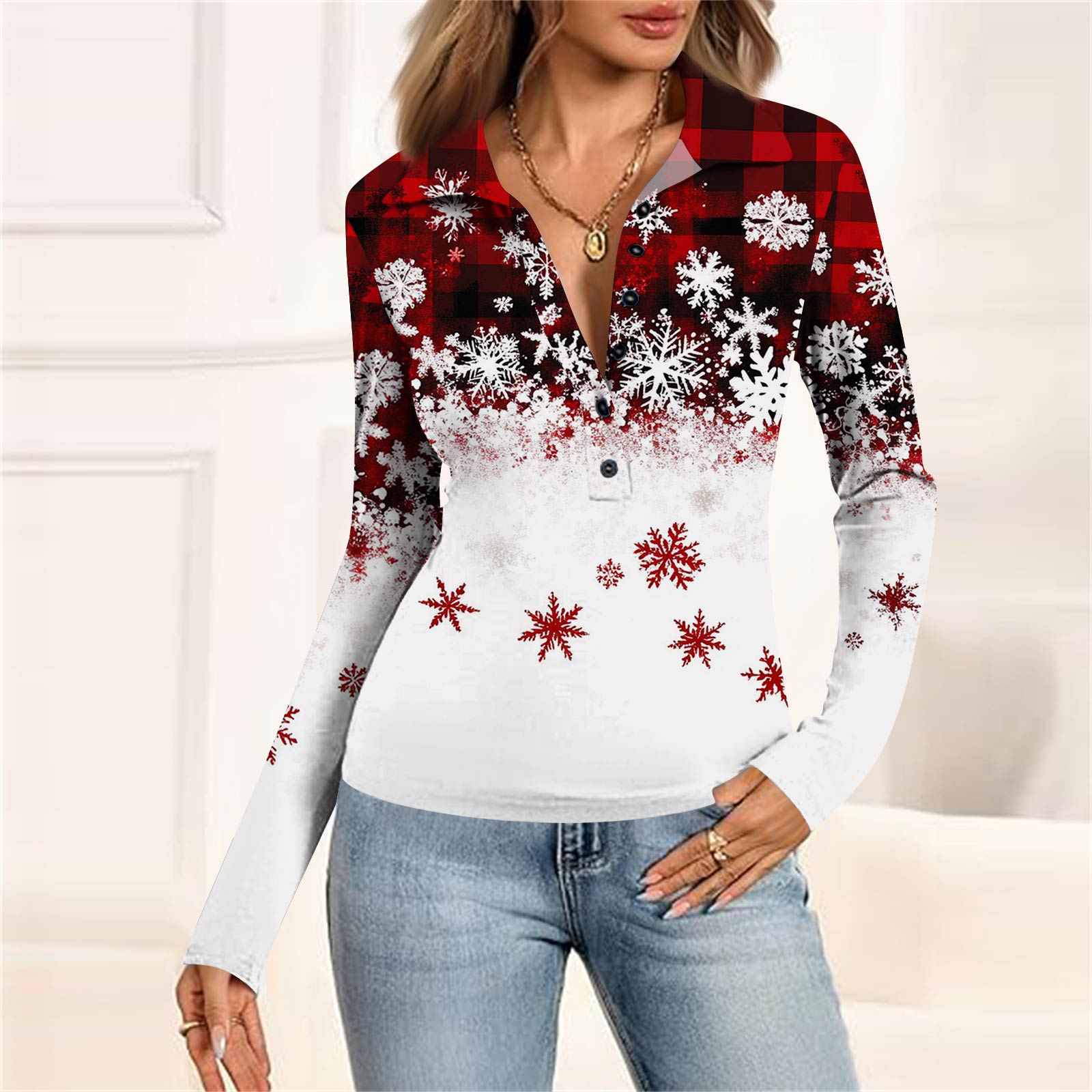 

Женская мода Повседневный принт V-образный вырез Длинный рукав Застегивающаяся на пуговицы блузка S