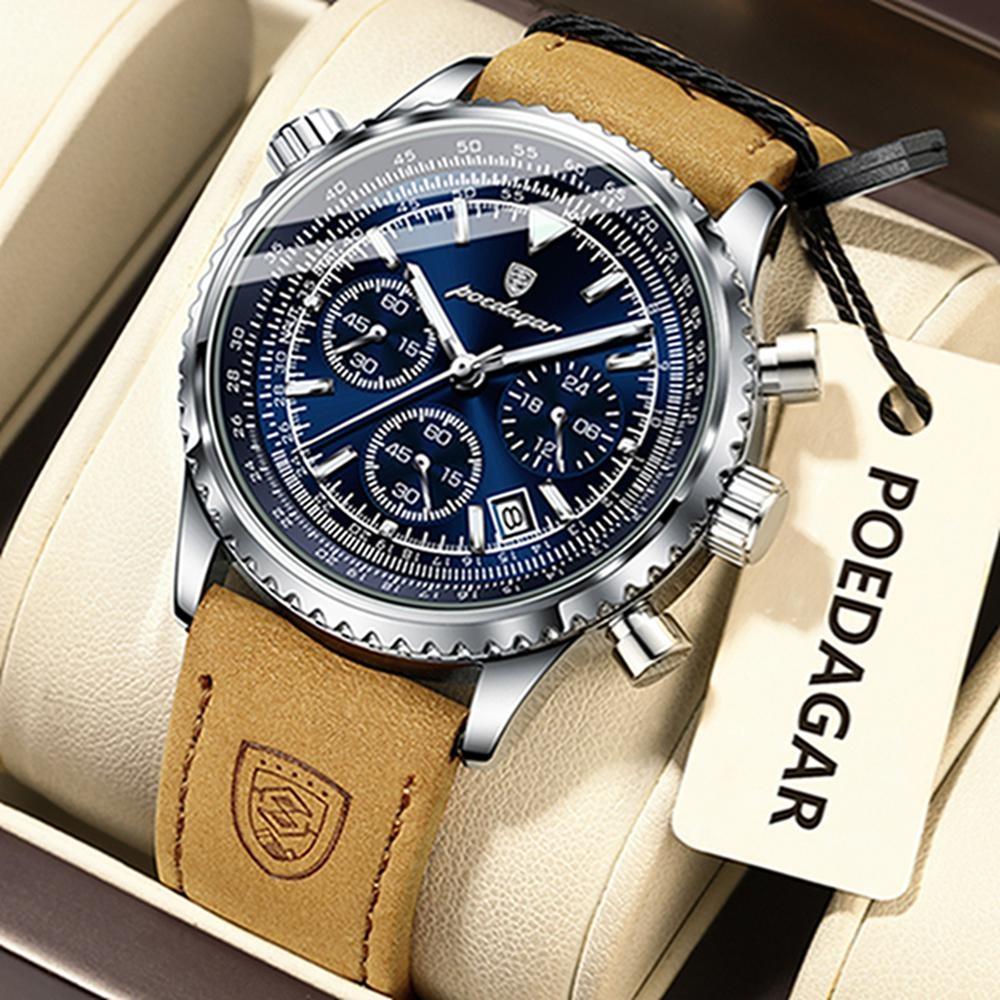 POEDAGAR Military Luxury Men Watch Date Chronograph Waterproof Luminous Top Man Wristwatch Leather Men's Quartz Watches