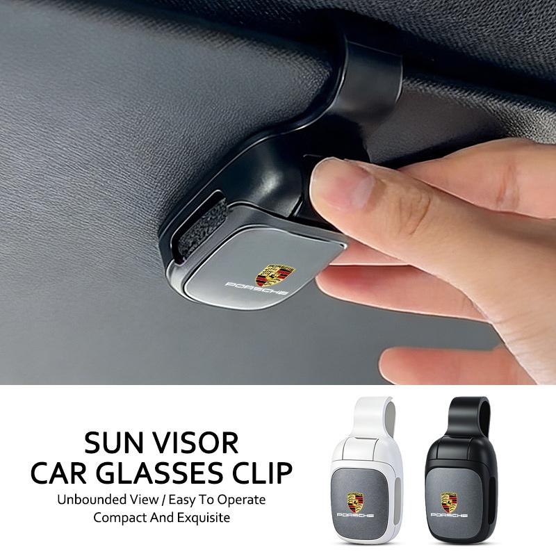AIHQR1 Car Sun Visor Glasses Holder Sunglasses Case Eyeglasses Clip For Porsche Cayenne Panamera Macan Boxster Cayman 718 911 Sticker