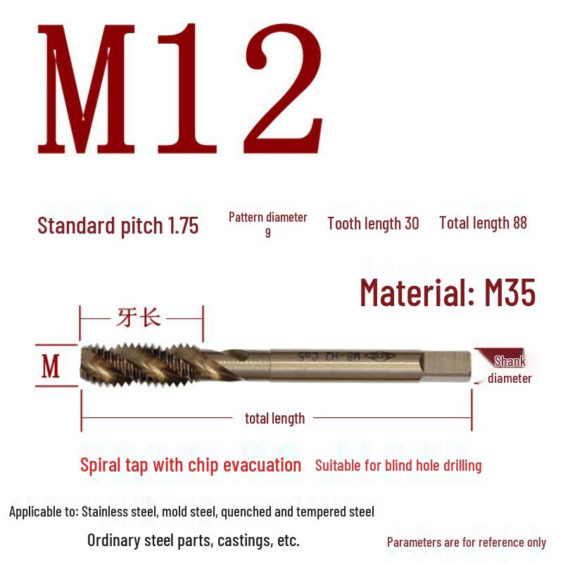 Cobalt Tapping & Threading Tools for Spiral Taps M3-M12, Stainless Steel
