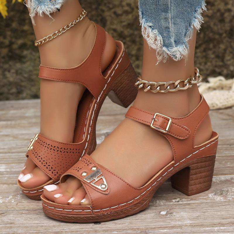 Young Girls' Fashion Sandals with Adjustable Buckles Multi-Strap Thick Medium Heel Solid Color One Line Sandals for Women Sexy