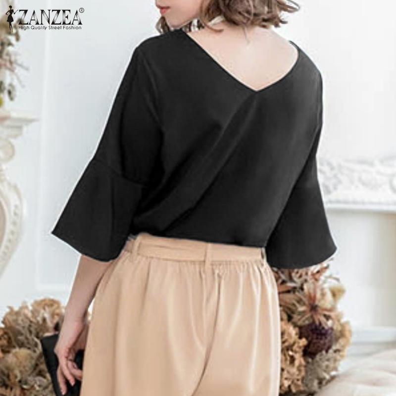 ZANZEA Women Casual V-Neck Flare 3/4 Sleeve Loose Blouse