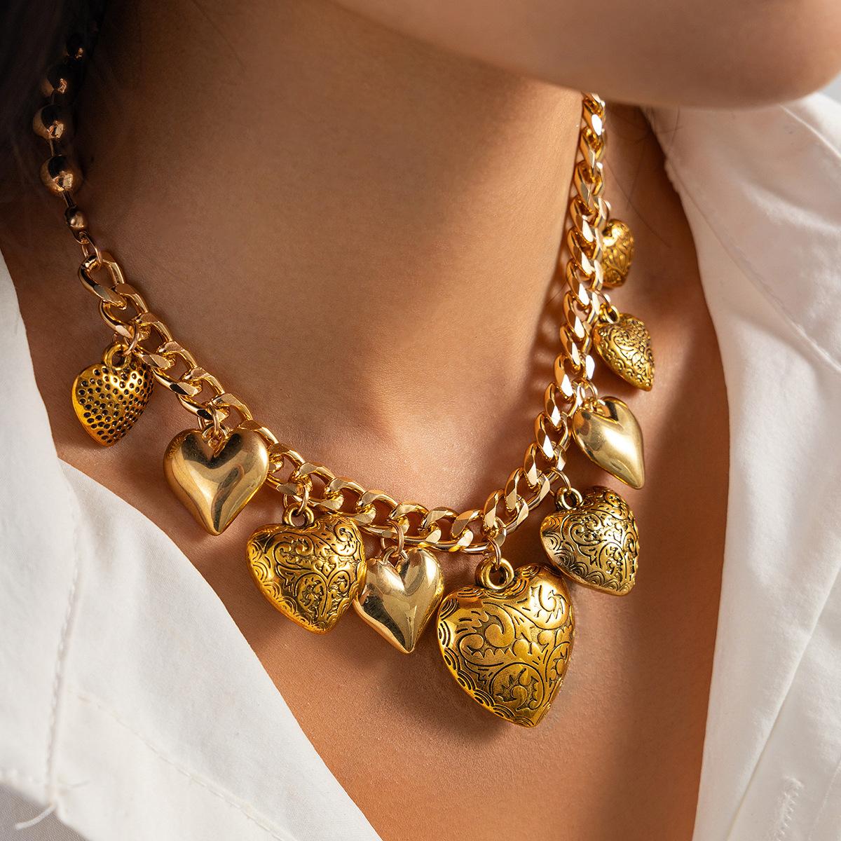 

Винтажный набор колье и браслетов для женщин, панк, с подвеской в виде сердца, металл цвета золотой меди, новый хип-хоп набор украшений