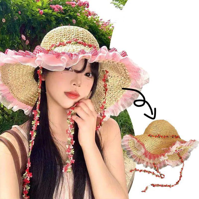 Korean Style Floral Bow Straw Hat For Women New Summer Beach Large Brim Fisherman Hat Small Face Holiday Style Sun Hat