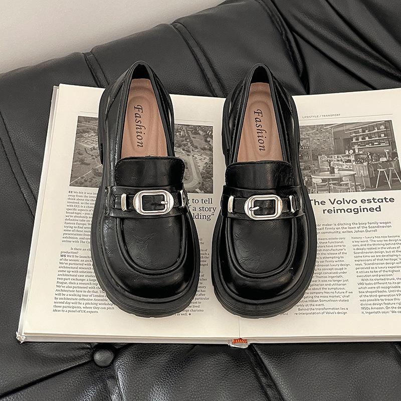 Retro Belt Buckle Loafers Women's Autumn Fashion Thick Heel Round Head Mary Jane Shoes Classic Temperament Single Shoes Small Leather Shoes