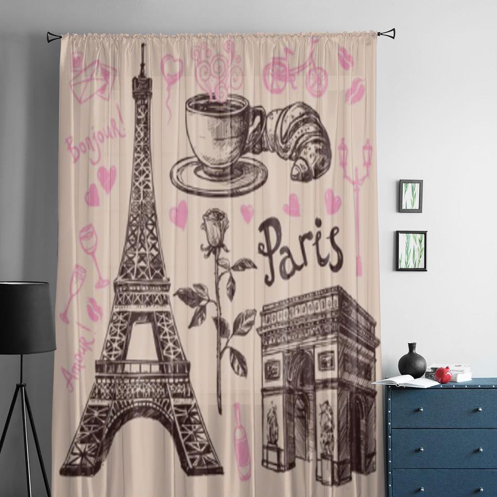 Paris Eiffel Tower And Bakery Chiffon Sheer Curtains for Living Room Bedroom Kitchen Decoration Window Voiles Tulle Curtain