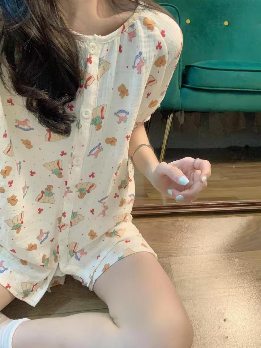 

Cute bear pajamas women s summer short-sleeved shorts inf style suit, beautiful girls can wear loungewear two-piece set S [recommended weight 35-40kg ]