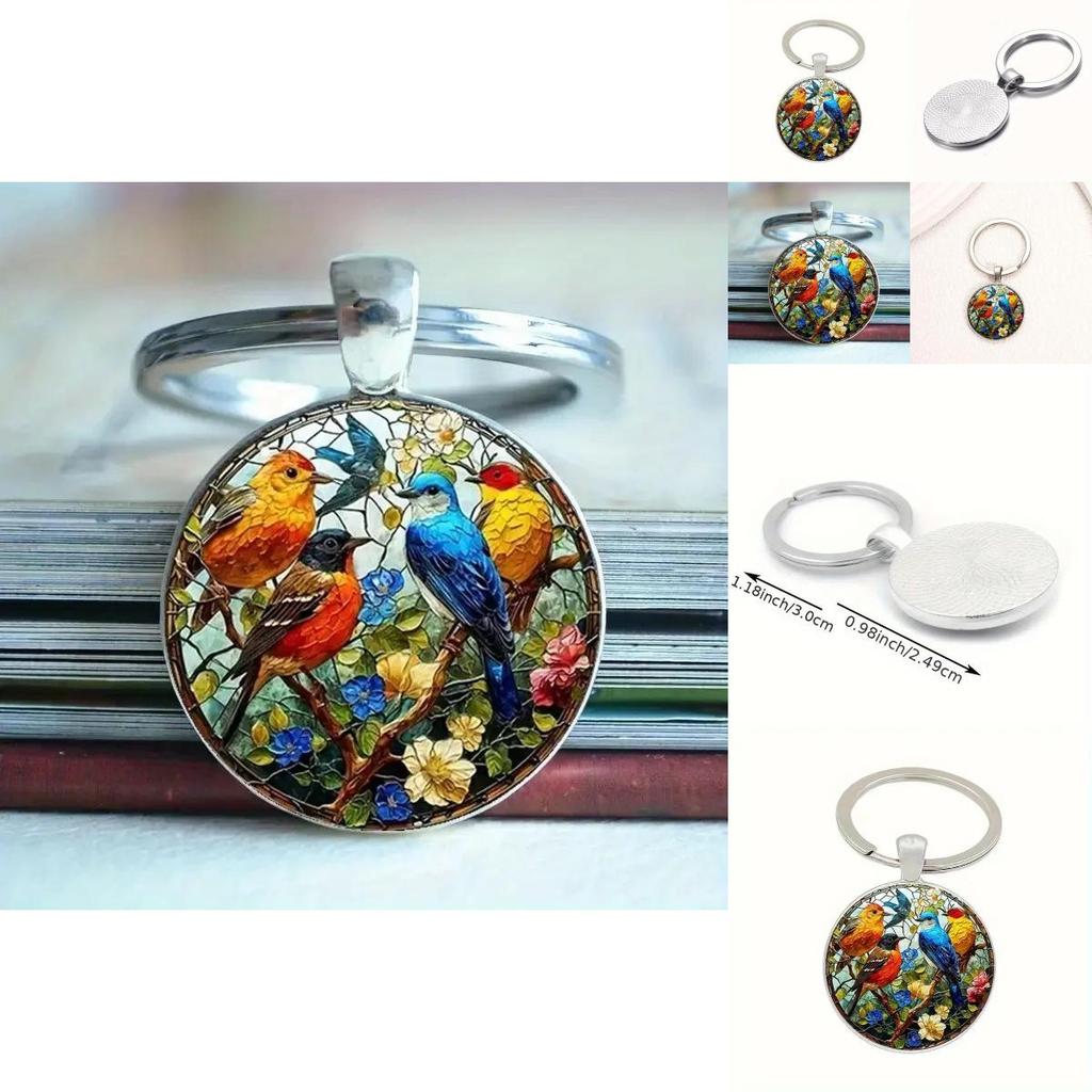 Watercolor Bird Group Glass Keyring With Alloy Material For Gift And Everyday Use