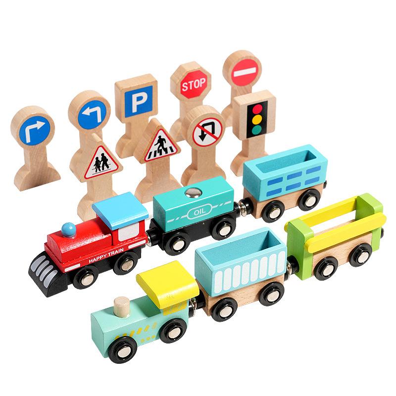 Wooden Magnetic Train Montessori  Early Educational Cognition Traffic Sign Toy Sorting Learning Teaching Car Cartoon Set